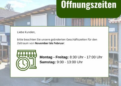 Geänderte Winter-Öffnungszeiten bei Holz im Garten Ueberberg Engelskirchen