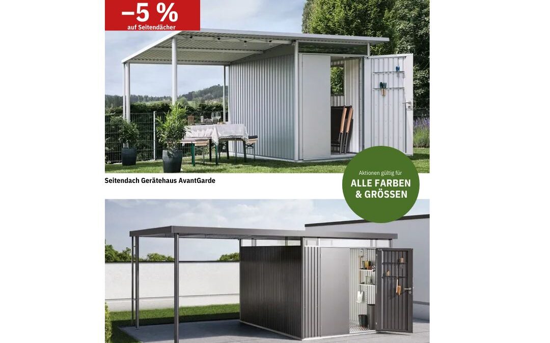 Biohort Aktion: 5 % Rabatt auf Seitendächer für AvantGarde & HighLine Gerätehäuser