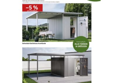 Biohort Aktion: 5 % Rabatt auf Seitendächer für AvantGarde & HighLine Gerätehäuser